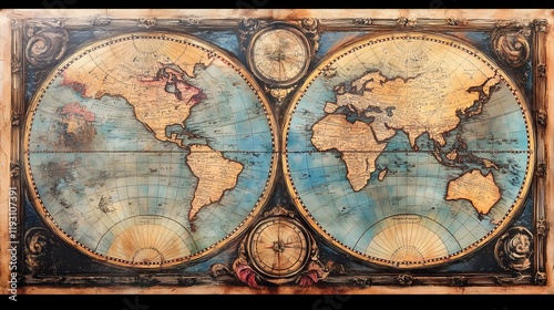 A detailed antique world map on aged parchment with warm, golden tones.