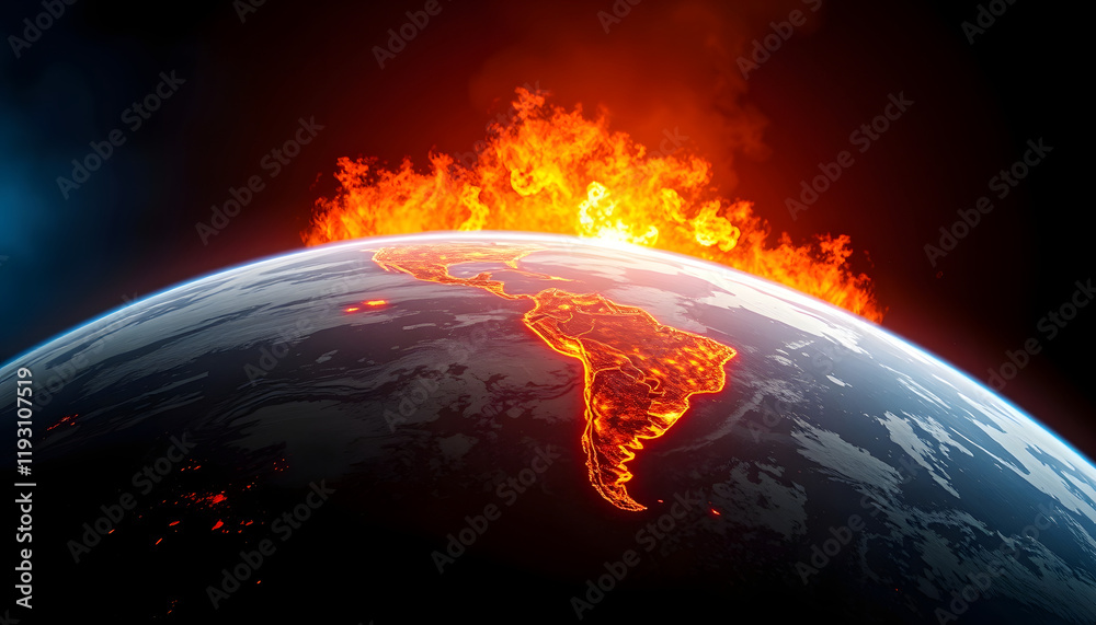 Planet earth burning with the American continents intact. Nuclear war and devastation concept, Colored gel lighting, with white tones Planet earth burning with the American continents intact. Nuclear war and devastation concept, Colored gel lighting, with white tones