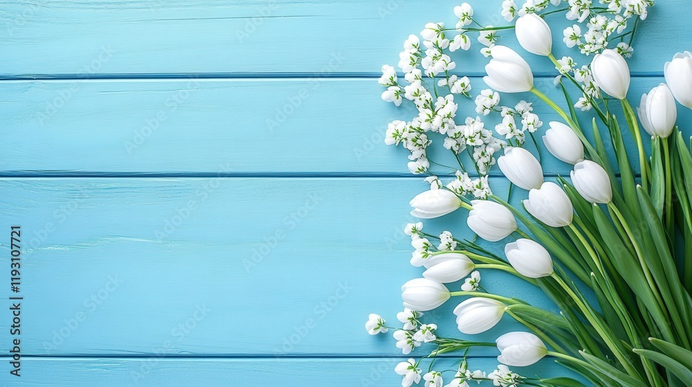 Fototapeta premium Blooming Snowdrop Flowers on a Wooden Background with a Bright Blue Hue, Perfect for Spring and Seasonal Decor