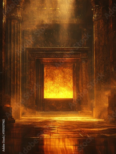 Illuminated ark of the covenant ancient temple religious mystical environment dramatic viewpoint