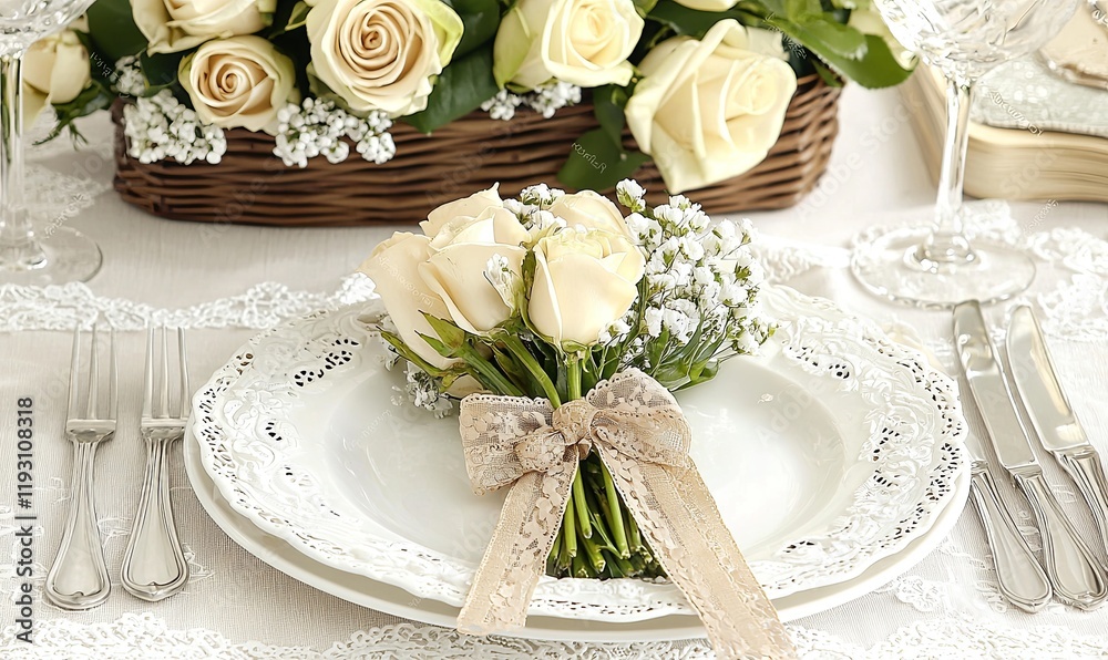 Elegant table setting with roses, lace, and silverware for a wedding or fine dining event. Elegant table setting with roses, lace, and silverware for a wedding or fine dining event.