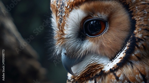 A close-up of an owl shows its intense, glowing eyes and intricate feather patterns, highlighting the allure and wisdom traditionally associated with owls. photo