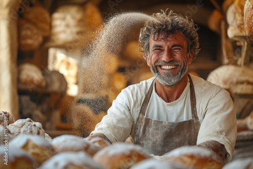 A cheerful baker grins widely in a vibrant bakery setting filled with fresh bread loaves, capturing the joyous and lively spirit of traditional bread-making.