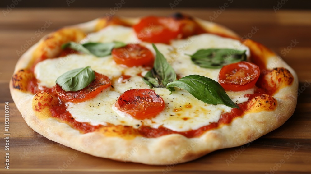 Delicious margherita pizza with mozzarella, tomato, and basil on wooden board. Delicious margherita pizza with mozzarella, tomato, and basil on wooden board.