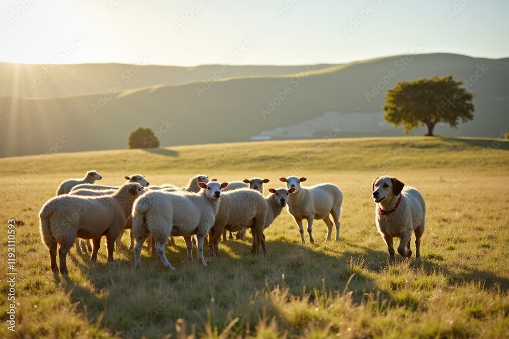 A shepherd dog herding sheep in an open field, with rolling hills and a lone tree in the distance. The sun shines brightly, casting long shadows on the grass A shepherd dog herding sheep in an open field, with rolling hills and a lone tree in the distance. The sun shines brightly, casting long shadows on the grass