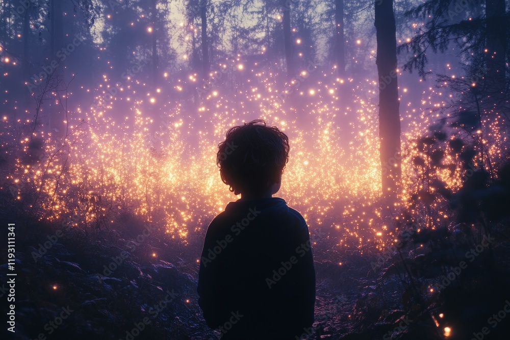 Φωτογραφία In a forest glowing with lights, a child stands amidst sparkling orbs illuminating the woods, capturing the enchantment and mysterious allure of the tranquil scene