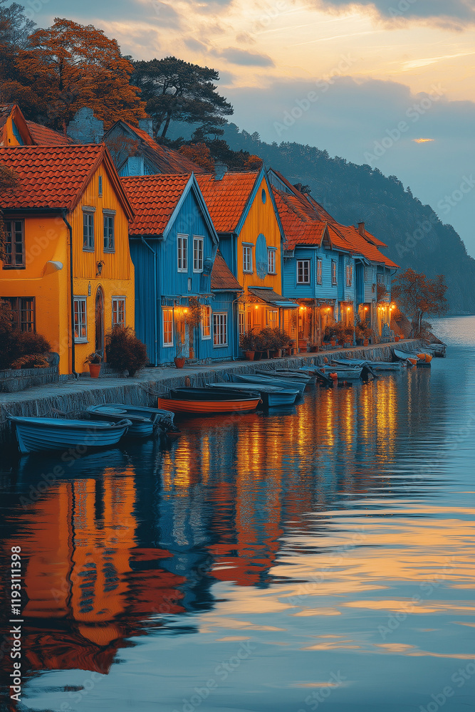 Fototapeta premium Village pittoresque en bord de mer avec reflets lumineux au crépuscule