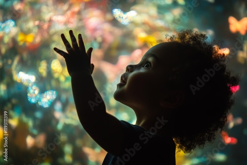 A side profile of a child, reaching upward, captivated by colorful, glowing butterflies surrounding them in a wondrous and dreamlike environment. photo