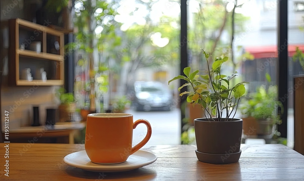 Orange coffee cup and plant on cafe table by window with street view. Orange coffee cup and plant on cafe table by window with street view.