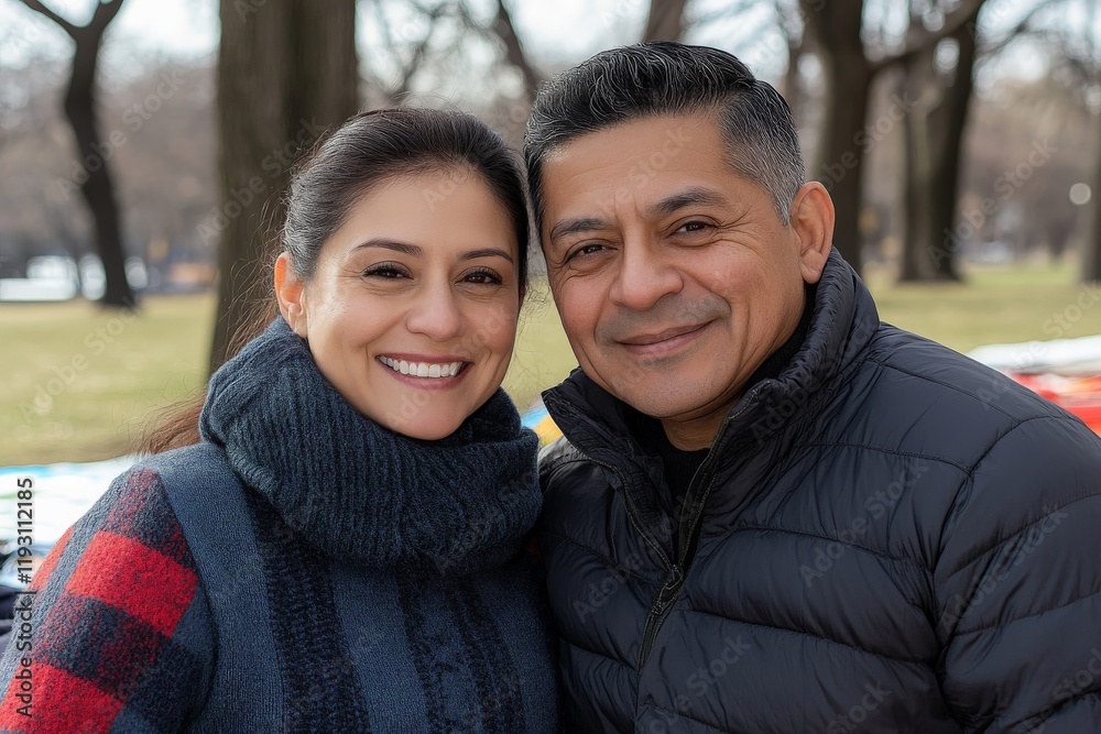 A joyful couple stands close together, bundled up in warm winter clothes, grinning against a backdrop of leafless trees, embodying love and companionship. A joyful couple stands close together, bundled up in warm winter clothes, grinning against a backdrop of leafless trees, embodying love and companionship.