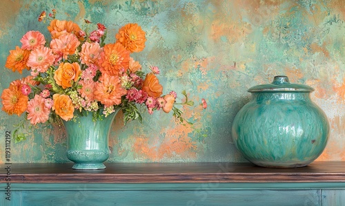 Orange flowers in vase and ceramic jar on shelf against textured wall, home decor.