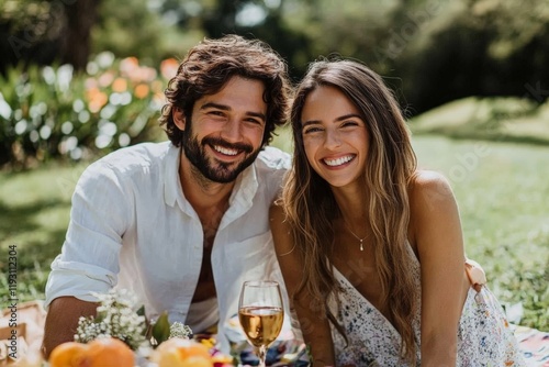 A couple is enjoying a romantic picnic, complete with a glass of wine and surrounded by vibrant nature, expressing love and intimacy in a peaceful setting.