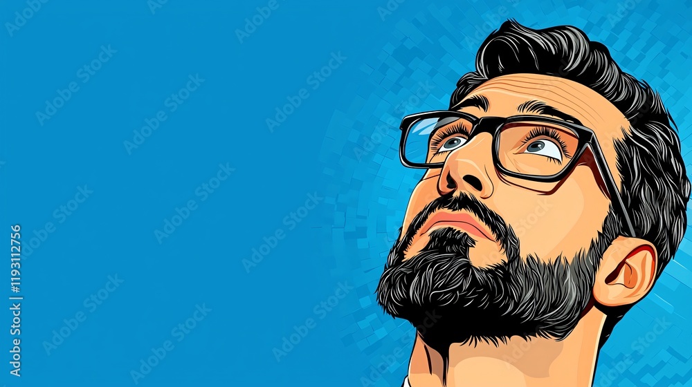 Pensive man with glasses looking upward, vector illustration. Pensive man with glasses looking upward, vector illustration.