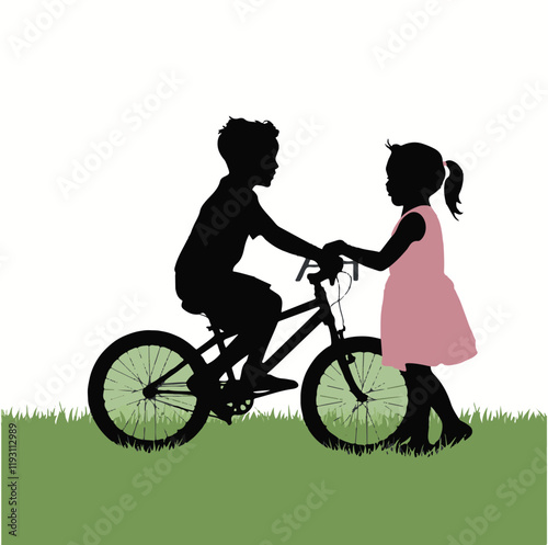 Children and pets silhouettes on white background. Little girls and boys playing outdoor. Vector illustration.