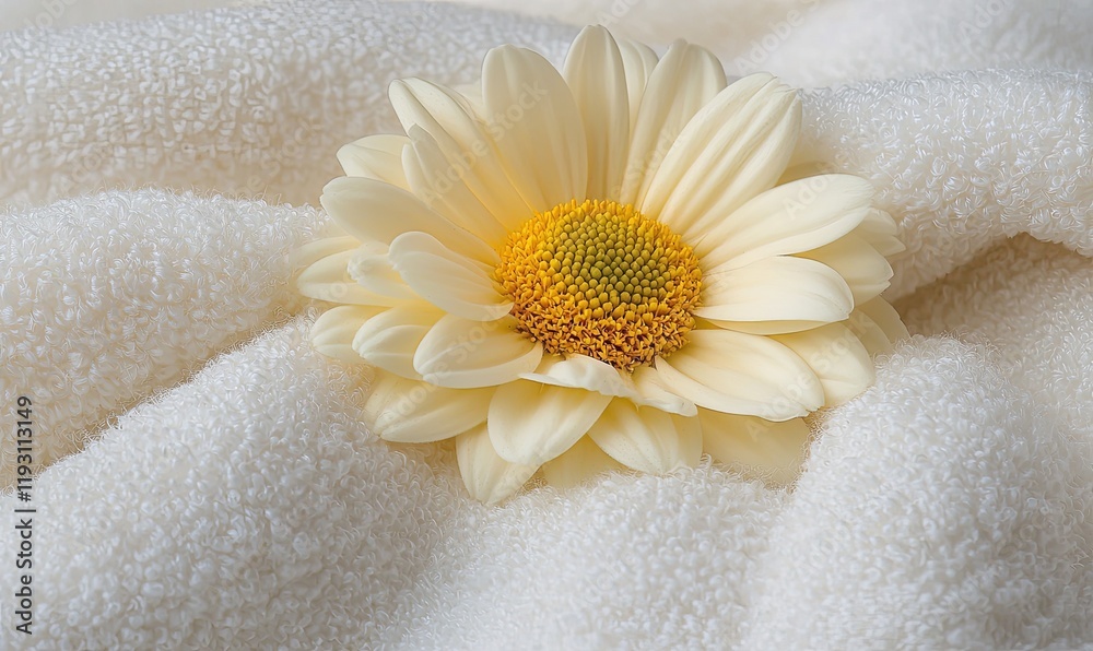 Pale yellow daisy on soft white towel, spa and relaxation theme. Pale yellow daisy on soft white towel, spa and relaxation theme.