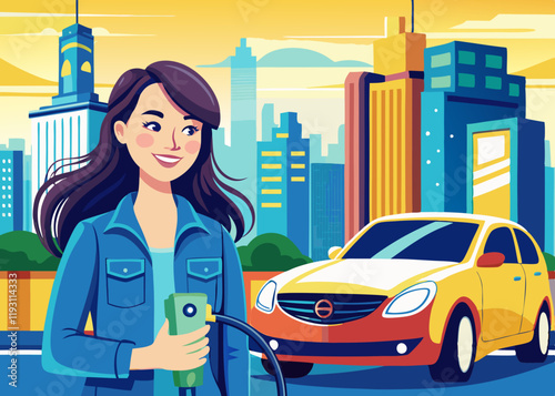 Cartoon Businesswoman in Blue Blazer at Electric Vehicle Charging Station – Eco-Friendly Urban Illustration