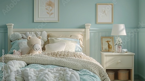 a cozy girl's room with a comfortable bed, a charming nightstand, and a sweet toy horse, in a calming pastel atmosphere