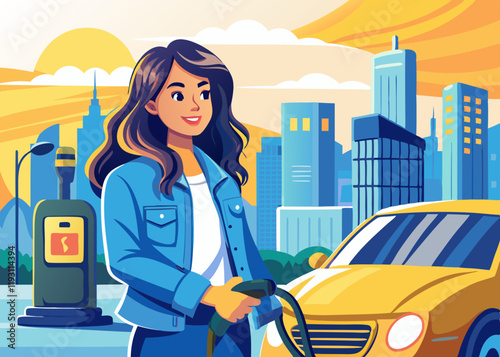 Cartoon Businesswoman in Blue Blazer at Electric Vehicle Charging Station – Eco-Friendly Urban Illustration