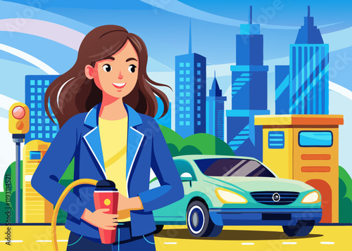 Cartoon Businesswoman in Blue Blazer at Electric Vehicle Charging Station – Eco-Friendly Urban Illustration