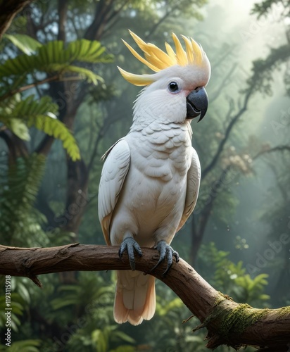 A cockatoo perches on a branch overlooking the rainforest floor , Leafy Canopy, Bird Perch, Tropical Bird