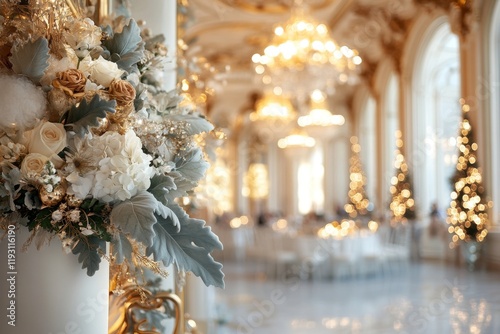 A VIP balcony at a prestigious event, overlooking a grand hall with exquisite chandeliers and elegantly dressed guests below