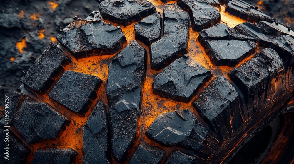 Aggressive off-road tire with deep grooves for advanced traction in challenging conditions style book illustration Aggressive off-road tire with deep grooves for advanced traction in challenging conditions style book illustration
