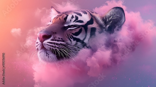 Majestic tiger head emerging from colorful clouds at sunset, evoking a sense of wonder photo