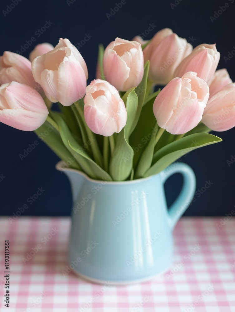 Fototapeta premium Delicate pink tulips arranged in a light blue jug on a checkered tablecloth