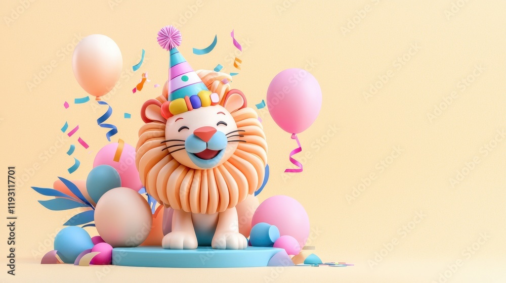 Naklejka premium Playful Lion with Colorful Party Hat Surrounded by Balloons and Confetti for Celebration Concept