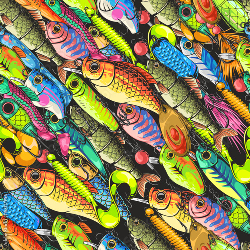 Colorful array of fishing lures and bait designs