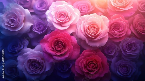 Colorful Pink and Purple Roses Surrounded by a Dreamy Background with Soft Lighting for Elegant Floral Decor and Design