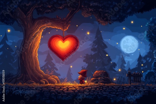 A charming pixel art depiction of a red heart surrounded by tiny glowing stars, set against a dark, nostalgic backdrop photo