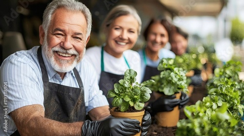 A community group gardening activity emphasizing holistic health approaches Stock Photo with side copy space photo