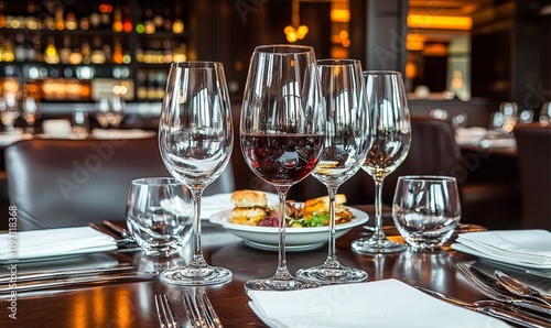 Wine glasses and appetizers on restaurant table with blurred bar background. photo