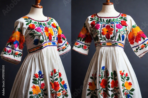 A white frock with vibrant Mexican folk embroidery. 