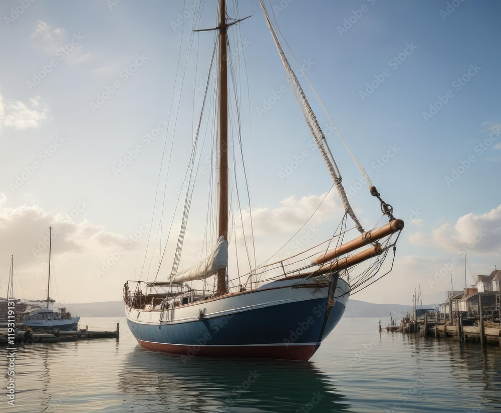 A large sailboat with its mast and boom being lowered back into the water after repairs at a seaside boatyard , sailing vessel, marine cranes, maritime repair A large sailboat with its mast and boom being lowered back into the water after repairs at a seaside boatyard , sailing vessel, marine cranes, maritime repair