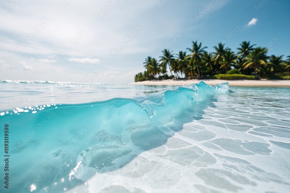 Fototapeta premium Crystal-clear ocean wave near tropical beach with palm trees