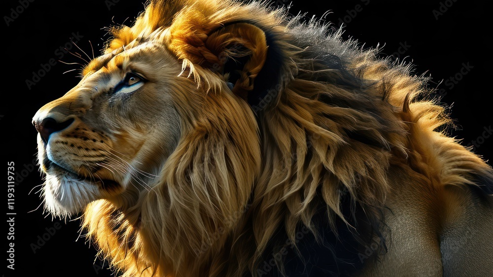 Fototapeta premium Majestic lion profile with detailed fur against dark background, symbolizes strength and wild beauty in nature