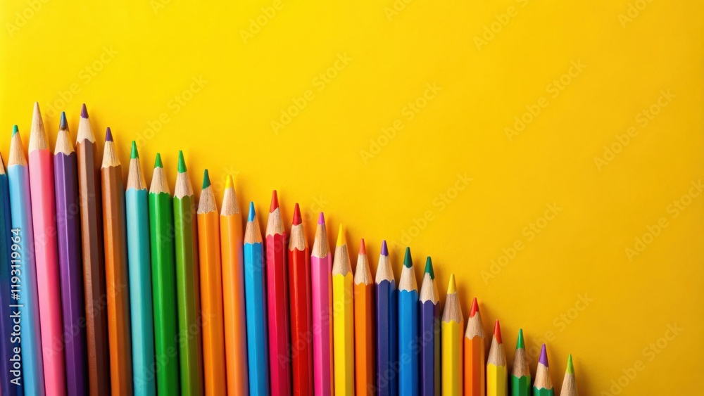Vibrant colored pencils arranged in a playful curve against a sunny yellow backdrop, ideal for education, art, and creativity themes. Vibrant colored pencils arranged in a playful curve against a sunny yellow backdrop, ideal for education, art, and creativity themes.