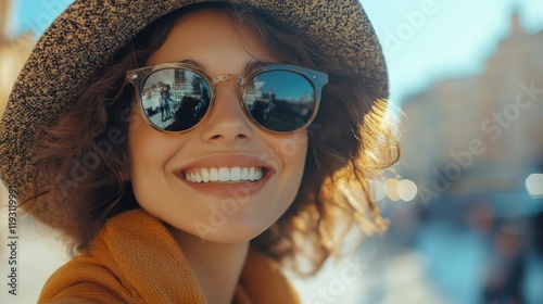 Smiling woman wearing sunglasses and a hat enjoys a sunny day in an urban setting with blurred buildings in the background photo