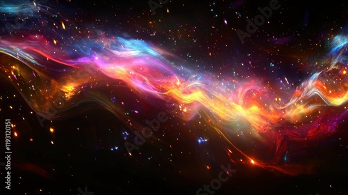 A stunning cosmic swirl of colors reflecting in a dark space background. Bursts of light in hues of blue, pink, and yellow create an abstract masterpiece.