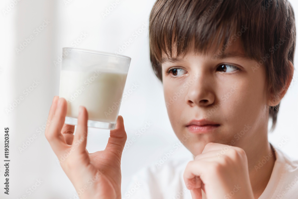 Beautiful child holding glass of milk in hand on white background Beautiful child holding glass of milk in hand on white background