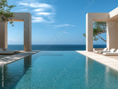Luxurious infinity pool overlooking the ocean with modern architecture and clear skies on a sunny day in a coastal paradise