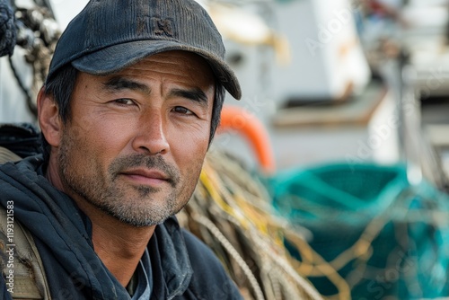 A mature fisherman in a cap, intently surrounded by fishing gear on a boat; his focused demeanor embodies dedication and the intimate connection with the sea livelihood.