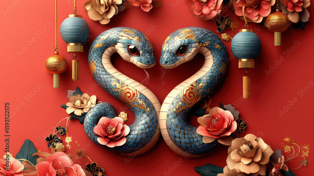 Obraz premium Chinese new year illustration of year cartoon cute snake with floral pattern in red background