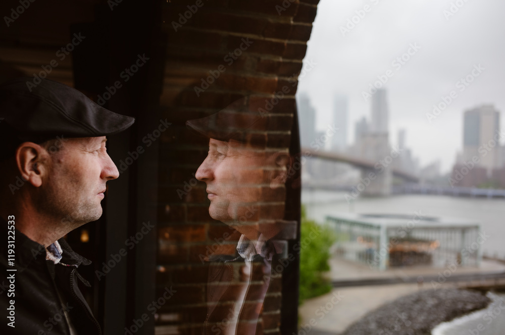 Thinking man looking out the window with Brooklyn Bridge in the background, New York City, USA