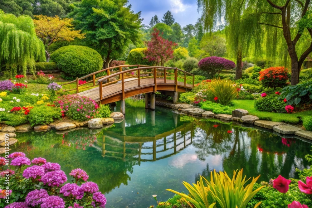 Fototapeta premium A lush green garden with vibrant flowers and trees, surrounded by a tranquil pond and a wooden bridge., trees, peaceful, serene, pond, nature