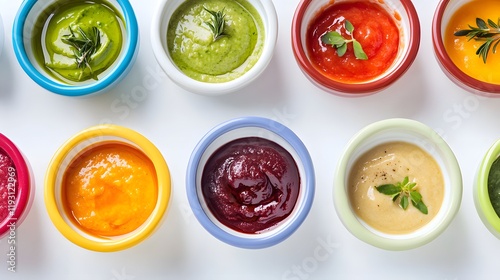 Wallpaper Mural Colorful bowls of various pureed baby foods Torontodigital.ca