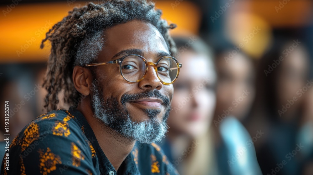 Man with stylish hair smiles confidently during an event in a modern venue filled with attentive audience members, capturing a moment of engagement and positivity Man with stylish hair smiles confidently during an event in a modern venue filled with attentive audience members, capturing a moment of engagement and positivity