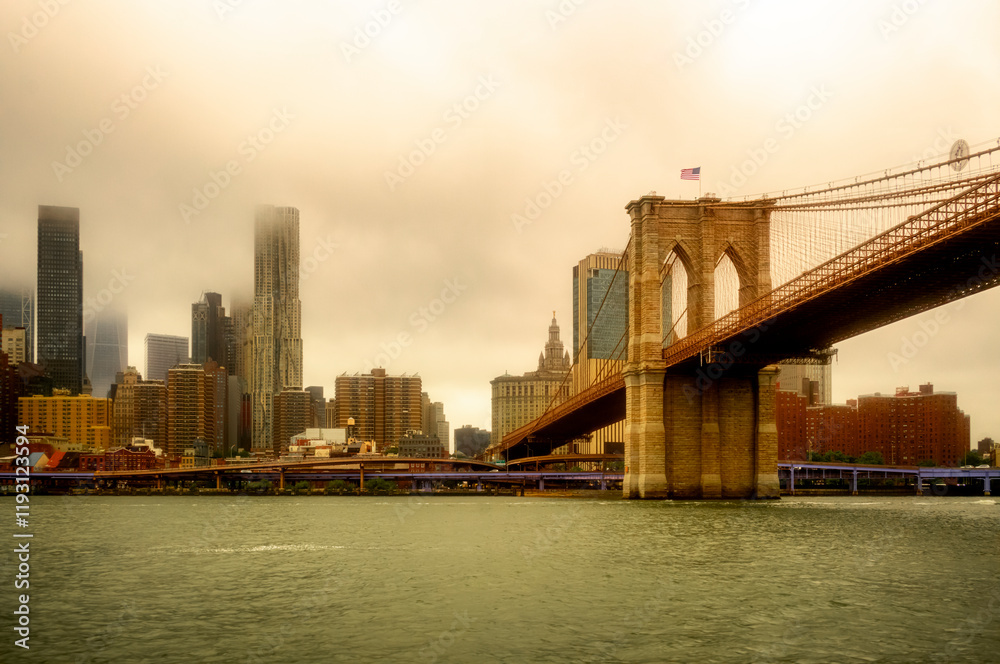 Apocalyptic View of Brooklyn Bridge and skyscrappers in New York City - USA